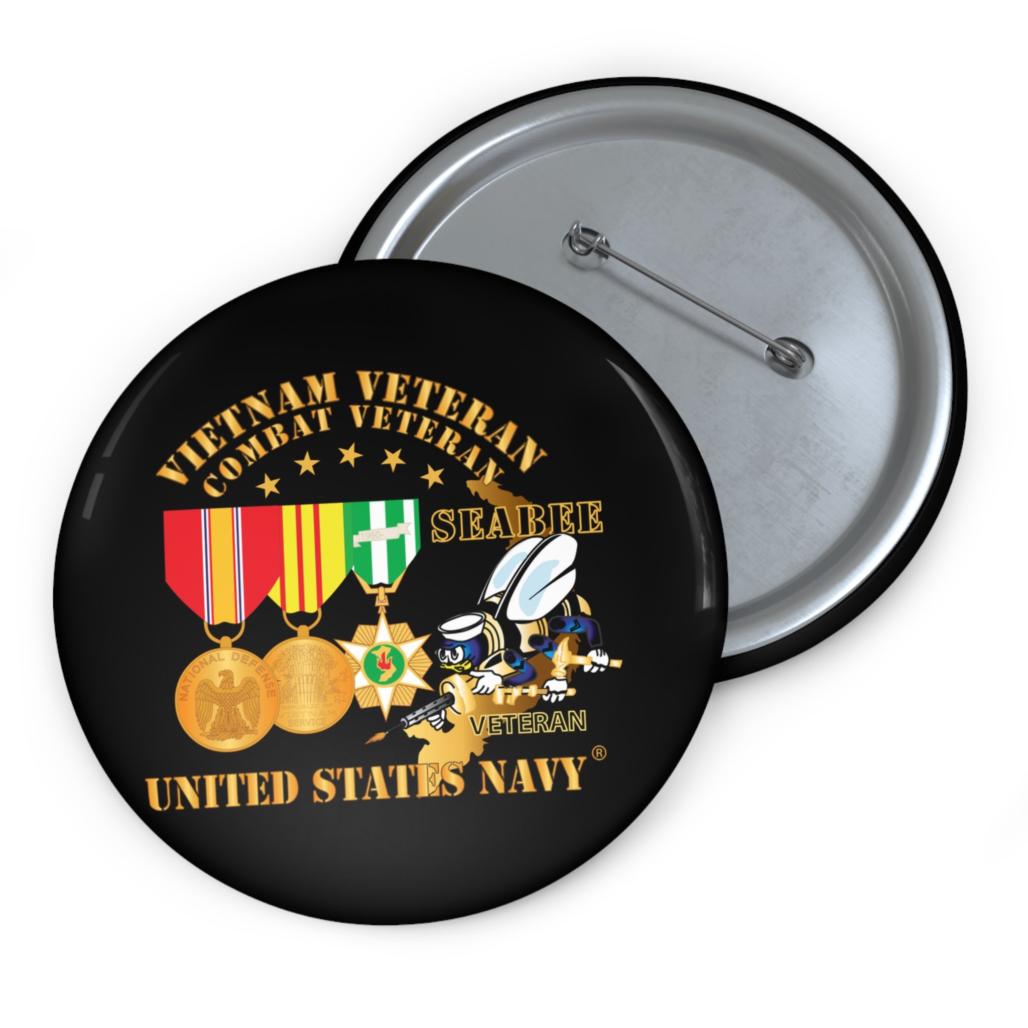 Custom Pin Button - Navy - Vietnam  Veteran - w Medals - VN - Seabee