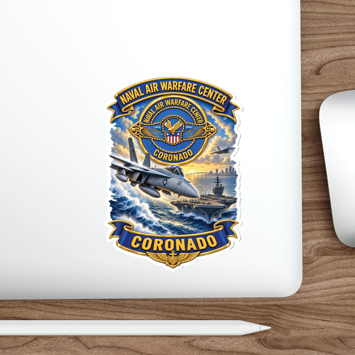Die-Cut Vinyl Sticker - NAVY - Naval Air Warfare Center - Coronado - Crest - with Scene - 3D - Enhanced