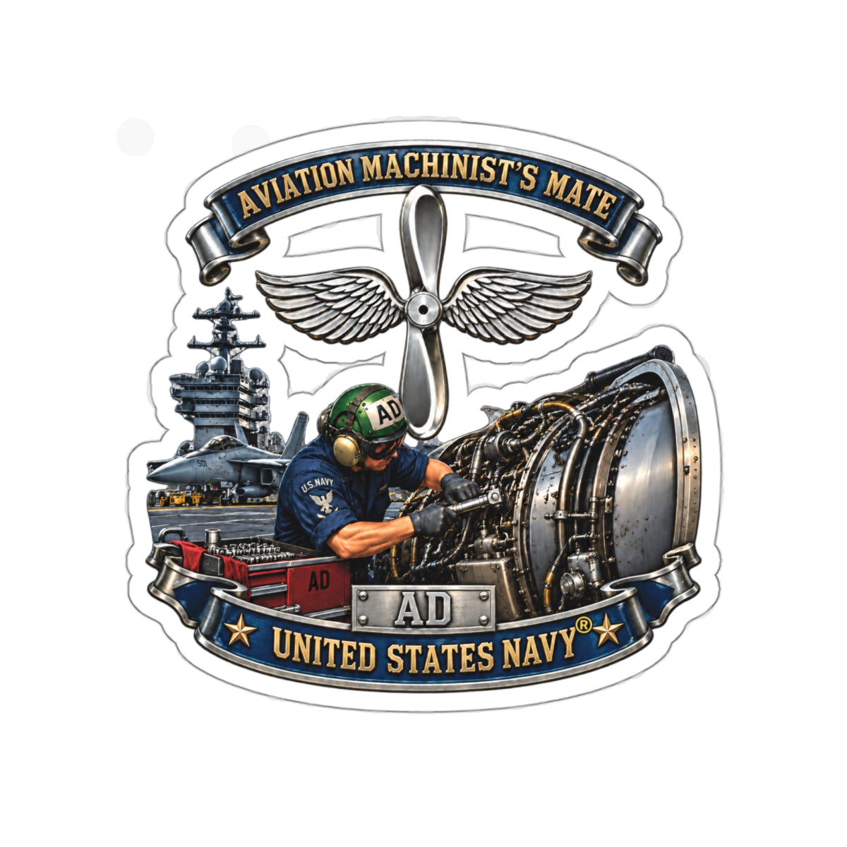 Die-Cut Vinyl Sticker - Navy - Rate - Aviation Machinists Mate Br with Scene - 3D - Enhanced