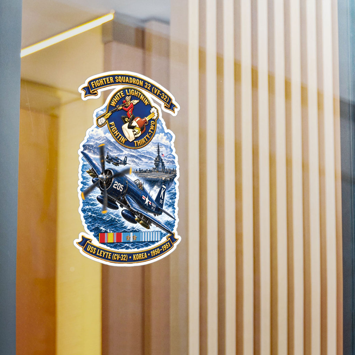 Kiss-Cut Vinyl Decal - NAVY - VF 32  -White Lightnin - Fightin 32 - SSI - USS Leyte (CV32) - F4U-4 Corsair - Korea - 1950-1951- 3D - Enhanced