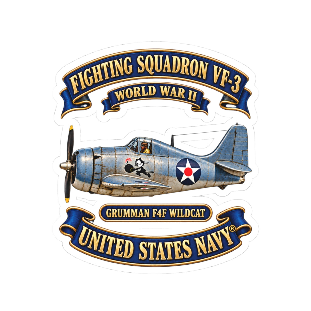 Kiss-Cut Stickers - NAVY - Fighting Squadron - VF 3 - WWII FELIX Insignia - Grumman F4F Wildcat - 3D - Enhanced