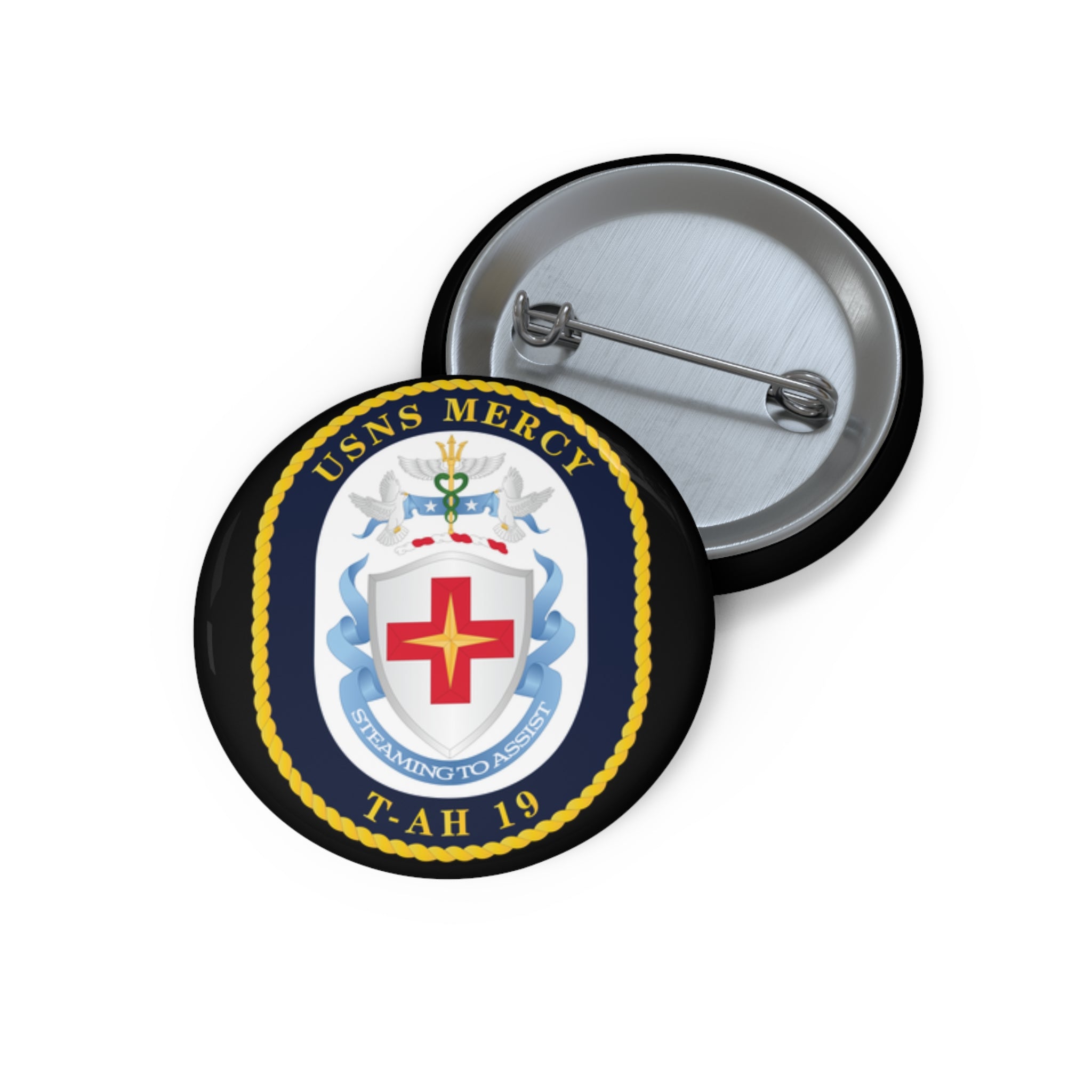 Custom Pin Button - Navy - USNS Mercy (T-AH-19) - Crest wo Txt