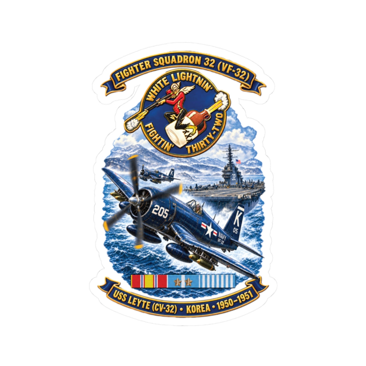 Kiss-Cut Stickers - NAVY - VF 32  -White Lightnin - Fightin 32 - SSI - USS Leyte (CV32) - F4U-4 Corsair - Korea - 1950-1951- 3D - Enhanced
