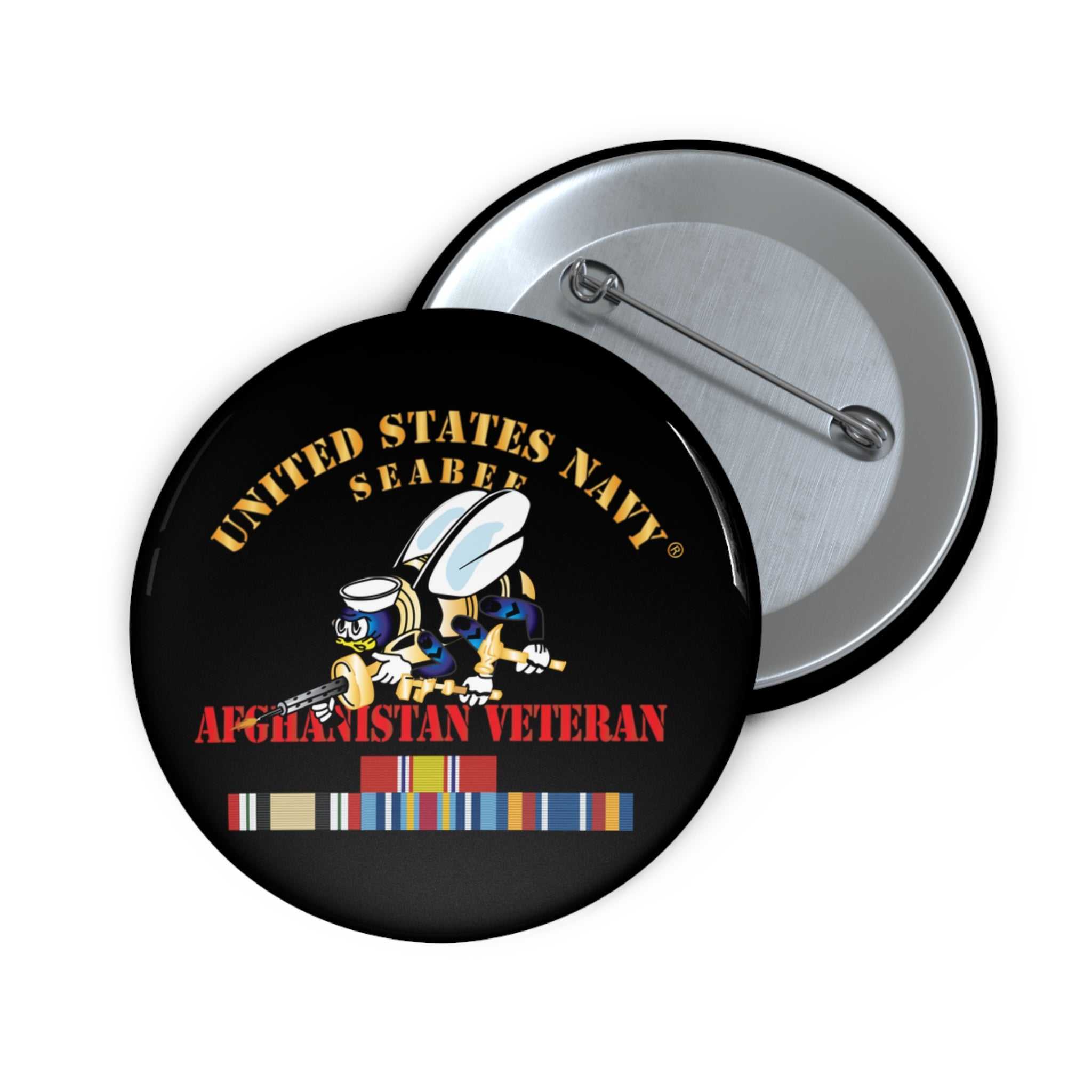 Custom Pin Button - Navy - Seabee - Afghanistan Veteran