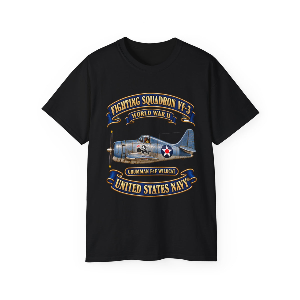 Unisex Ultra Cotton T-Shirt - NAVY - Fighting Squadron - VF 3 - WWII FELIX Insignia - Grumman F4F Wildcat - 3D - Enhanced