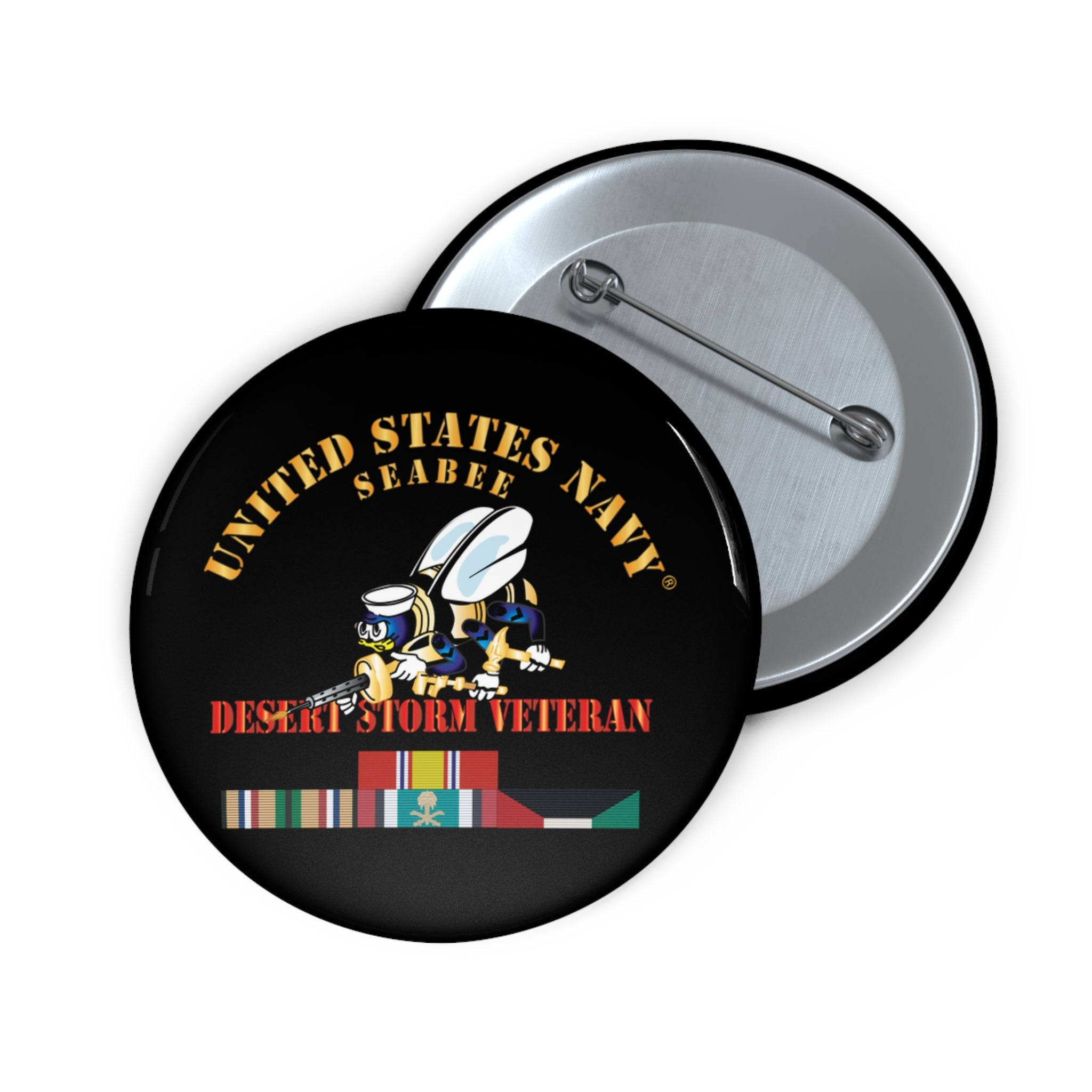 Custom Pin Button - Navy - Seabee - Desert Storm Veteran