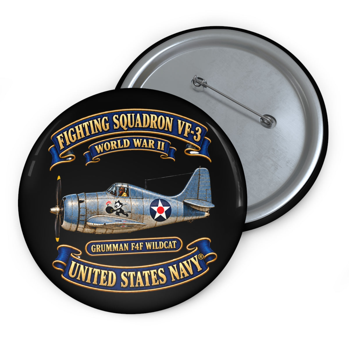Pin Button - NAVY - Fighting Squadron - VF 3 - WWII FELIX Insignia - Grumman F4F Wildcat - 3D - Enhanced