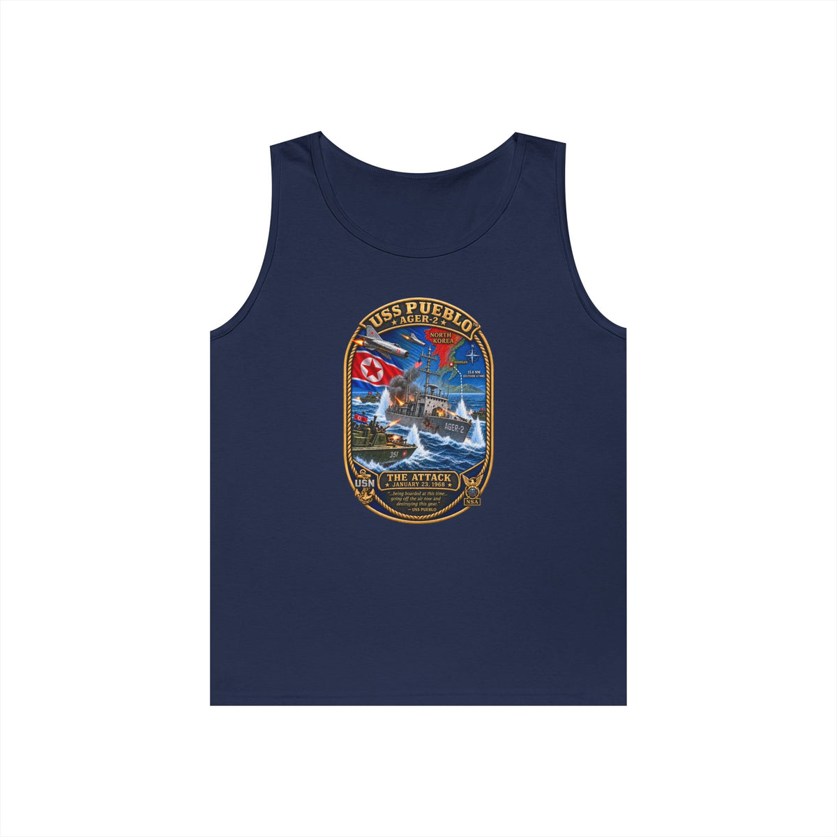 Unisex Heavy Cotton Tank Top - Navy - USS Pueblo Attack-Defense Commemorative Patch - 3D - Enhanced