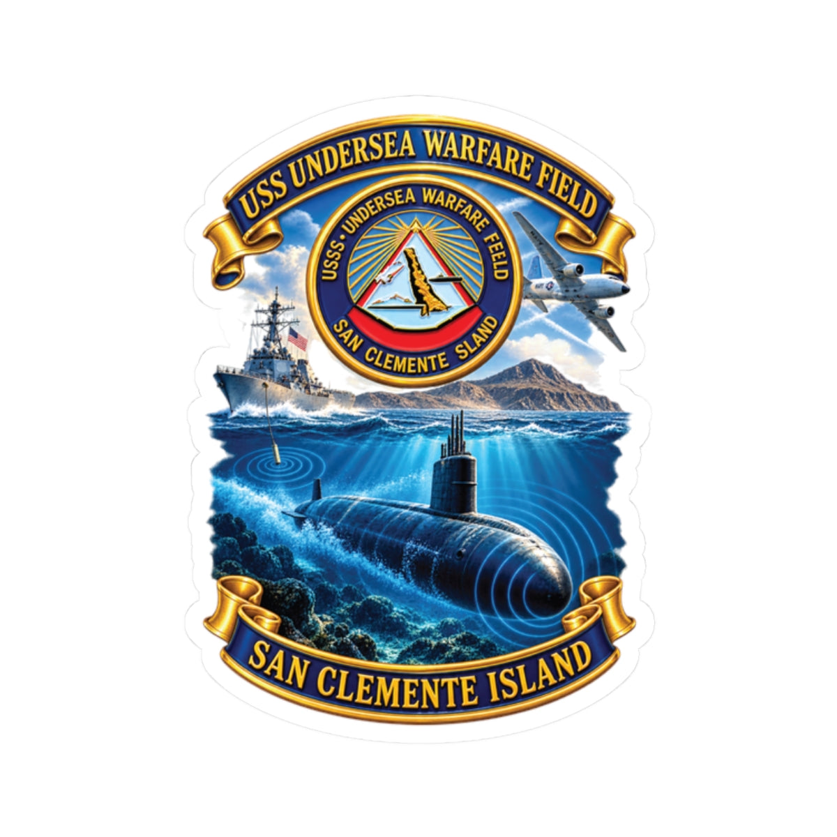 Kiss-Cut Stickers - NAVY - USS Undersea Warfare Field - San Clemente Island - Crest - w scene - 3D - Enhanced