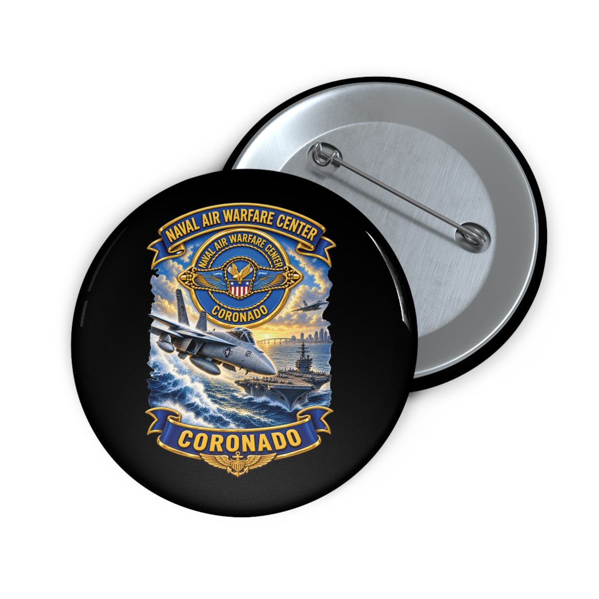 Pin Button - NAVY - Naval Air Warfare Center - Coronado - Crest - with Scene - 3D - Enhanced