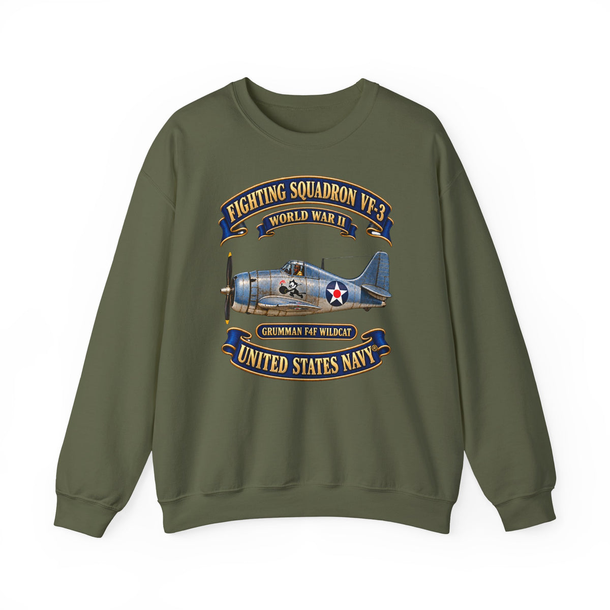 Unisex Heavy Blend™ Crewneck Sweatshirt -  NAVY - Fighting Squadron - VF 3 - WWII FELIX Insignia - Grumman F4F Wildcat - 3D - Enhanced