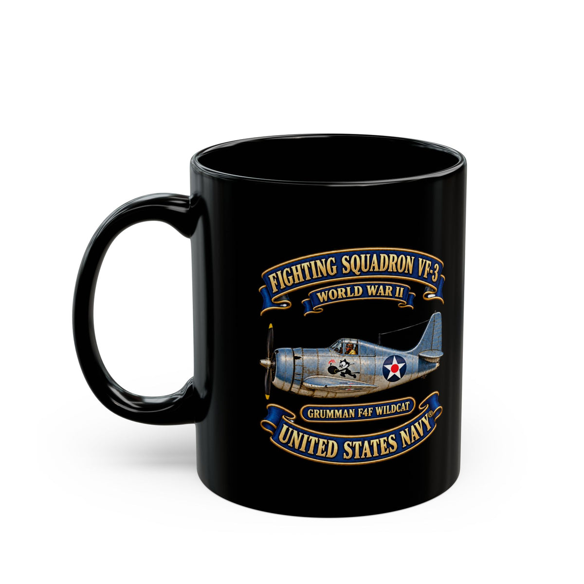 Black Mug (11oz, 15oz) - NAVY - Fighting Squadron - VF 3 - WWII FELIX Insignia - Grumman F4F Wildcat - 3D - Enhanced