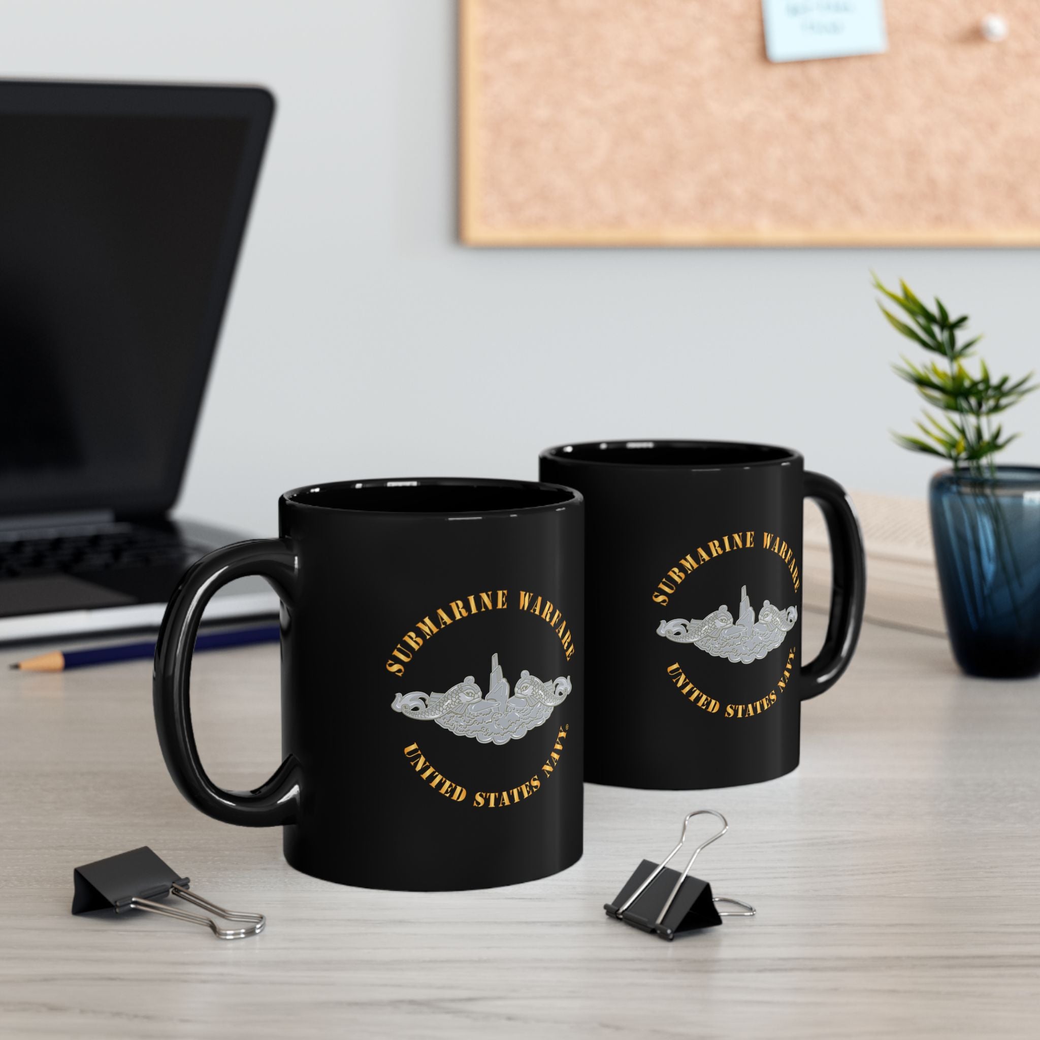 Black Mug (11oz, 15oz) - Navy - Submarine Badge - Silver