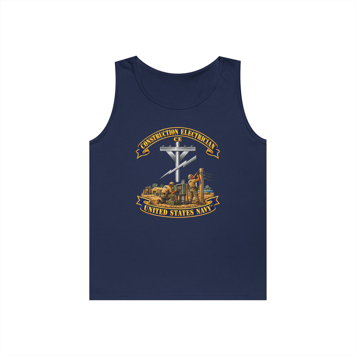 Unisex Heavy Cotton Tank Top - Navy - Rate - Construction Electrician (CE) with Scene - 3D - Enhanced