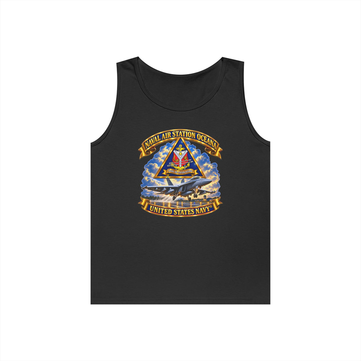 Unisex Heavy Cotton Tank Top - Navy - Naval Air Station Oceana - Crest with Aircraft - United States Navy - 3D - Enhanced