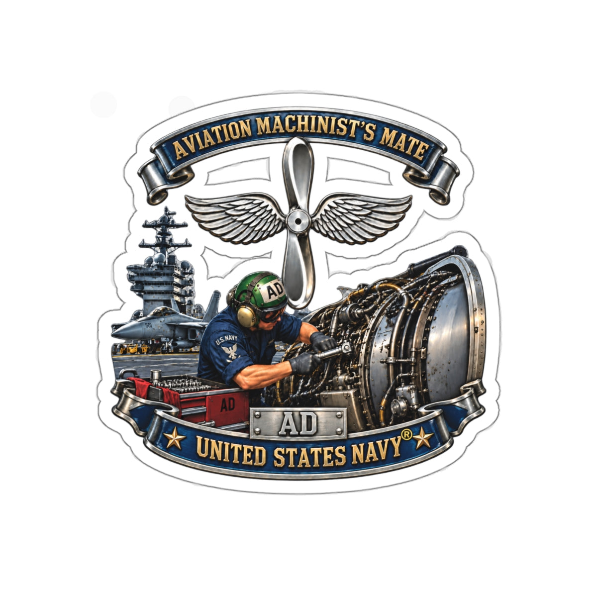 Die-Cut Vinyl Sticker - Navy - Rate - Aviation Machinists Mate Br with Scene - 3D - Enhanced