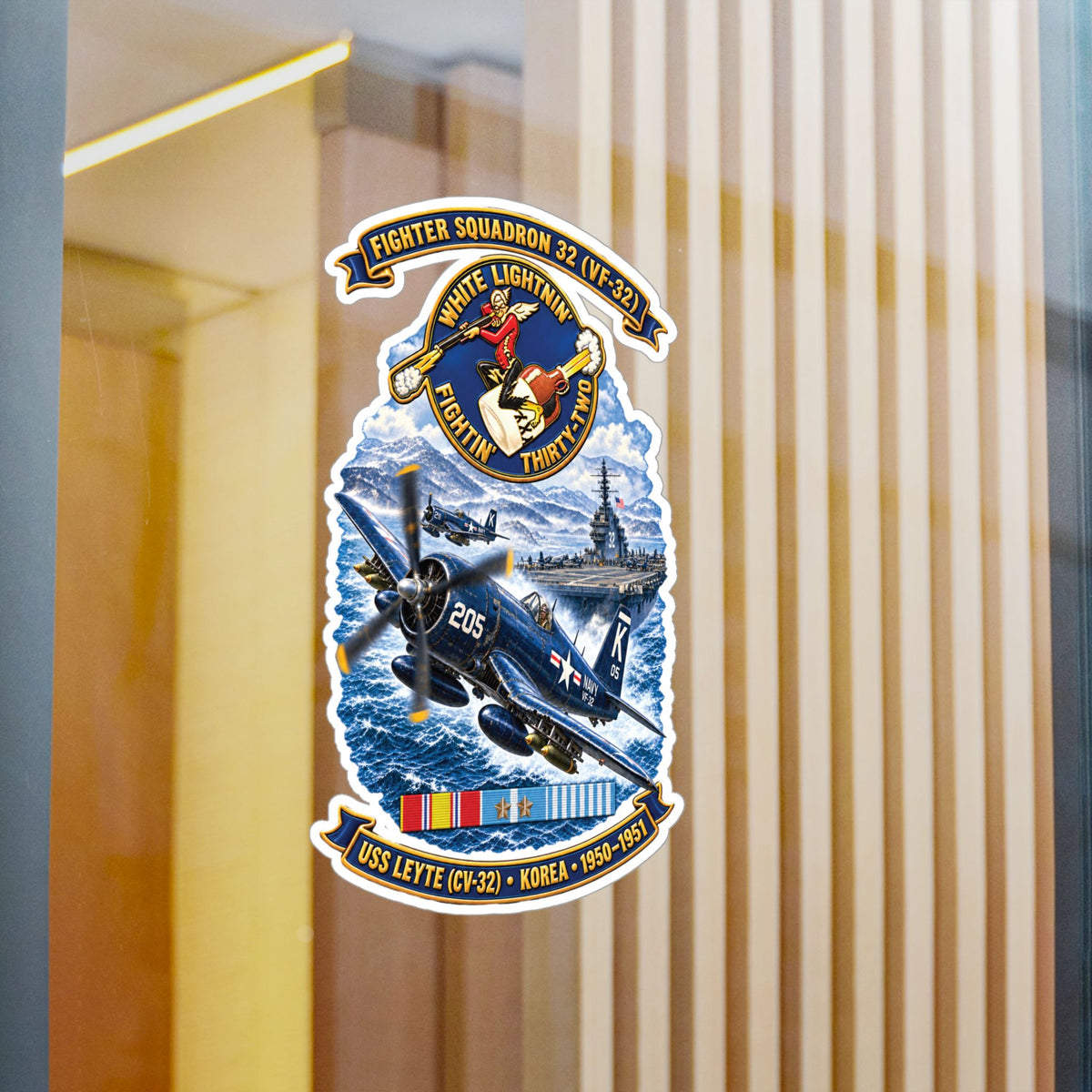 Kiss-Cut Vinyl Decal - NAVY - VF 32  -White Lightnin - Fightin 32 - SSI - USS Leyte (CV32) - F4U-4 Corsair - Korea - 1950-1951- 3D - Enhanced